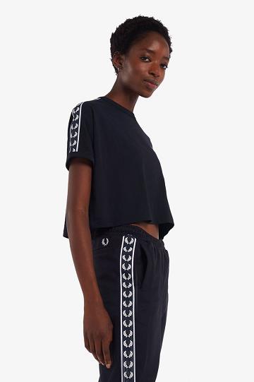 Navy Fred Perry Cropped Taped Ringer Women's T Shirts | PH 2032QMAZ